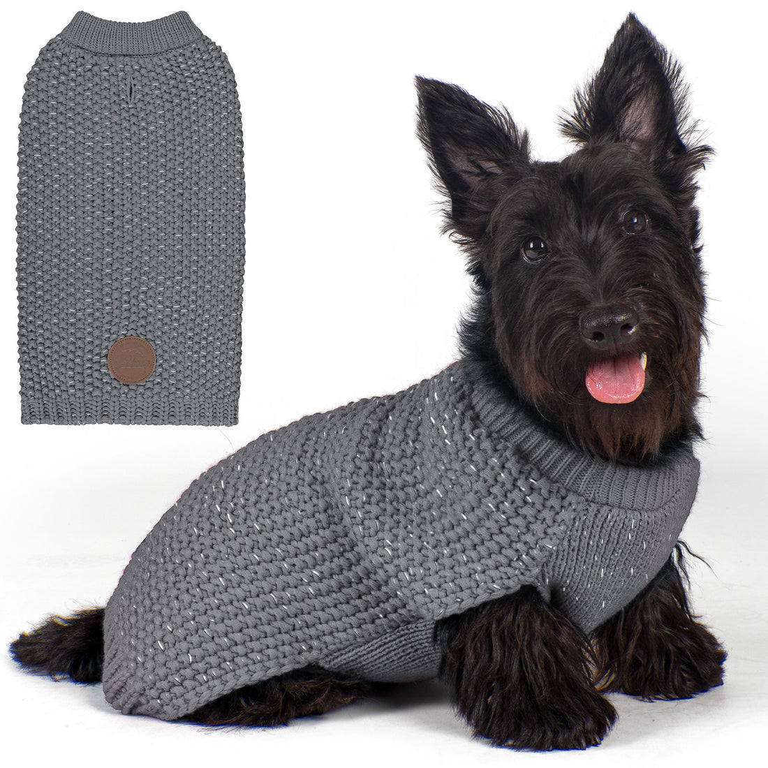 Grey knit dog sweater with round neck and small patch, worn by a dog