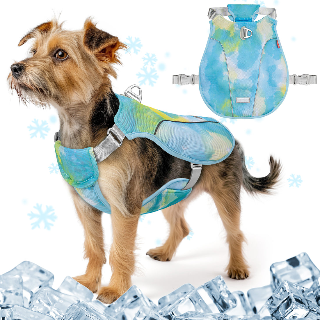 Blue dog cooling vest with watercolor print and adjustable gray neck and belly straps