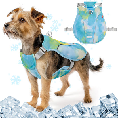 Blue dog cooling vest with watercolor print and adjustable gray neck and belly straps