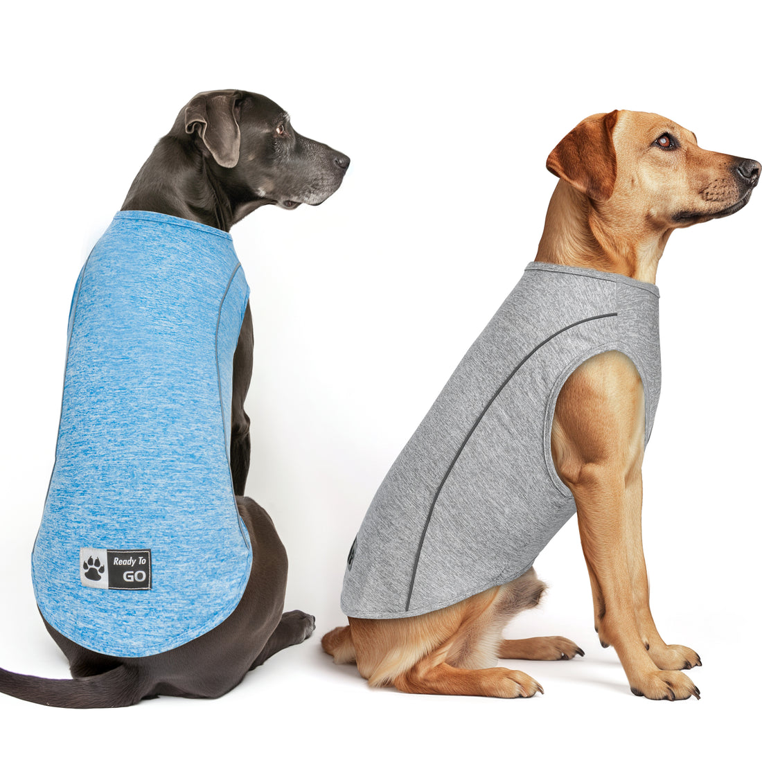 Sleeveless dog shirts shown on two dogs: blue and gray with "Ready To Go" paw badge