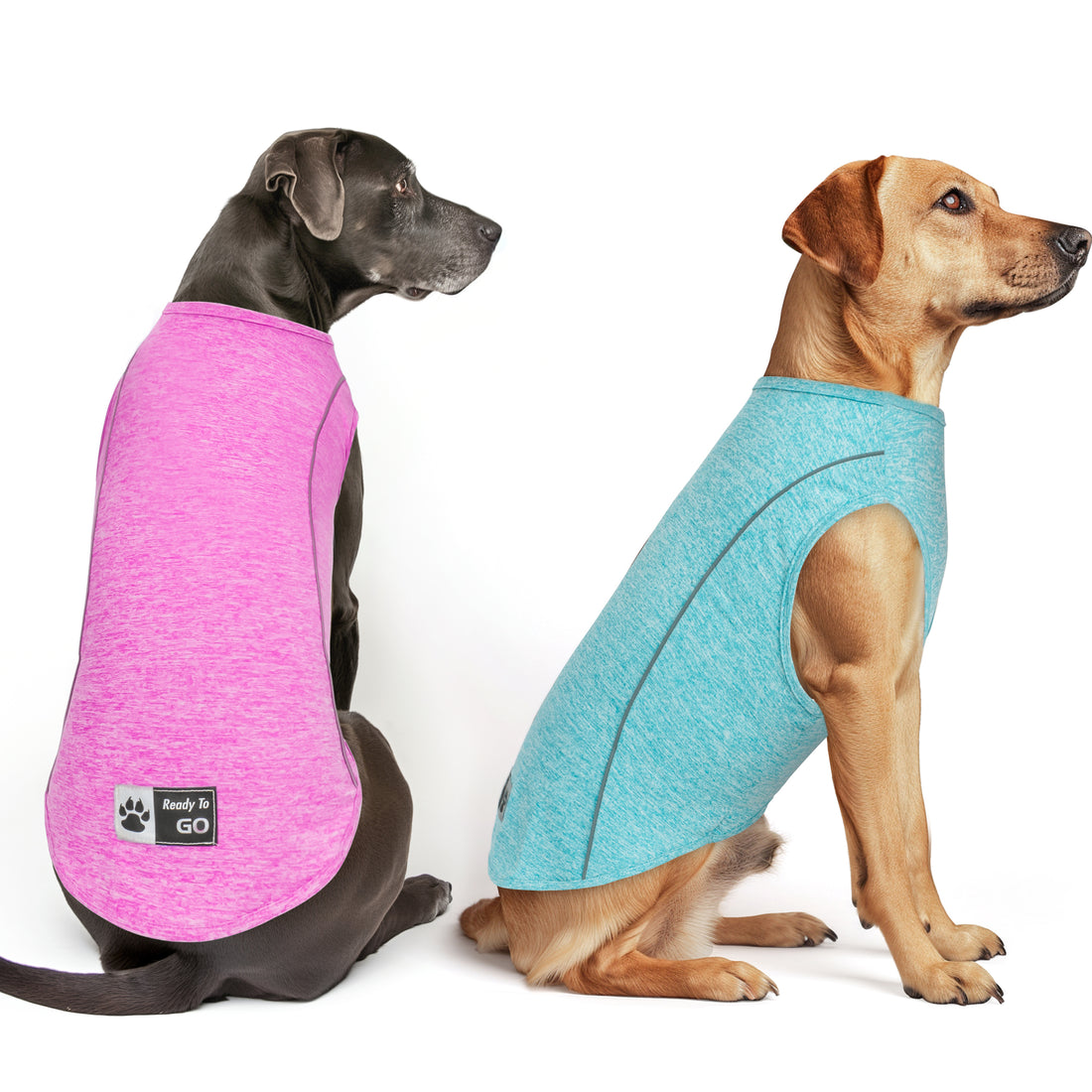 Set of two sleeveless dog shirts: pink and light teal with paw-logo patches
