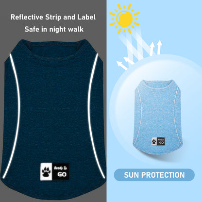 Lightweight reflective dog shirt in blue heather with reflective strip and label detail