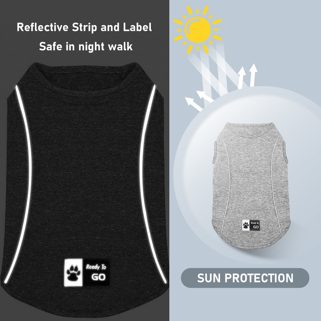 Lightweight reflective dog shirt in dark heather with reflective strip and label