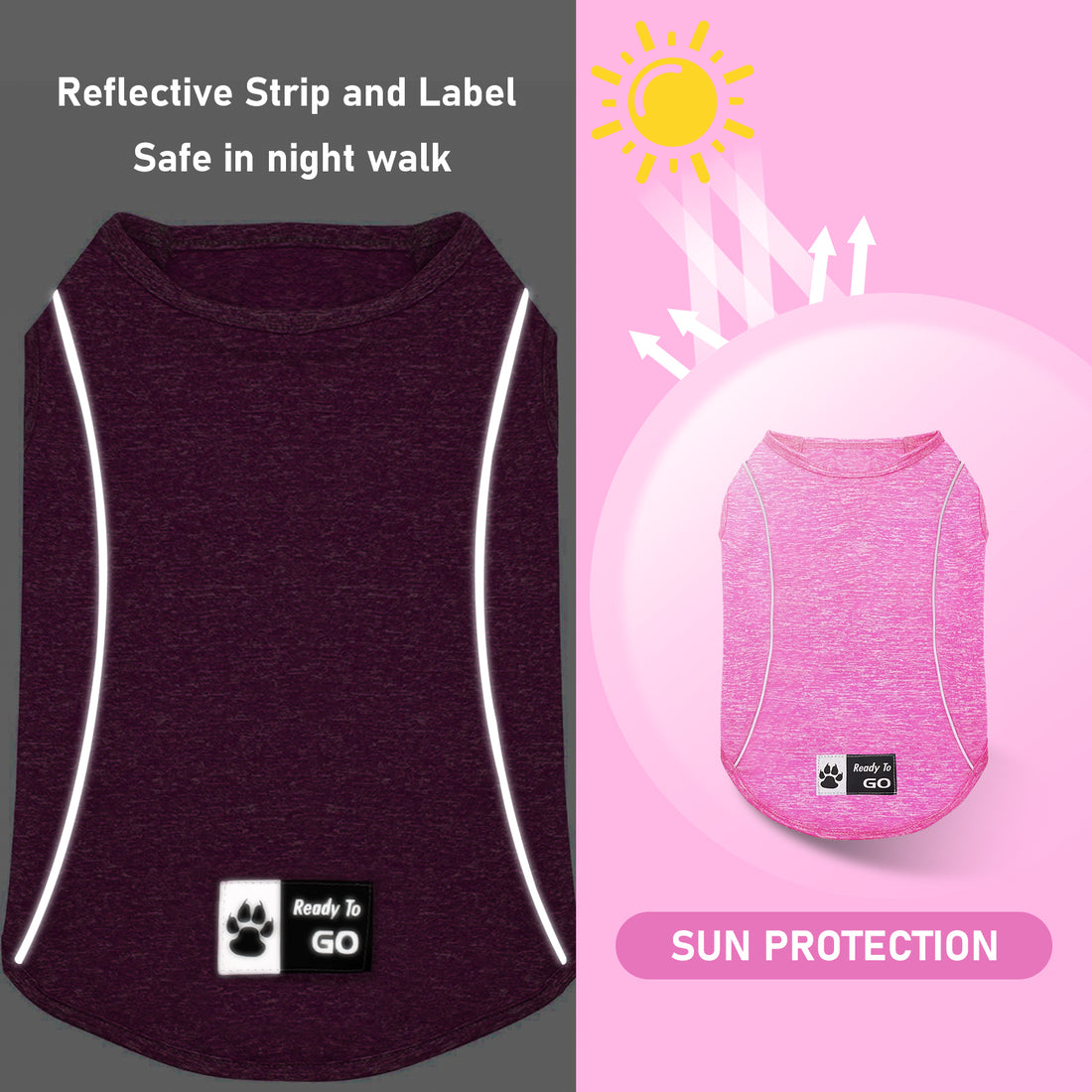 Dark heather reflective dog shirt, showing reflective strip along edges and chest label