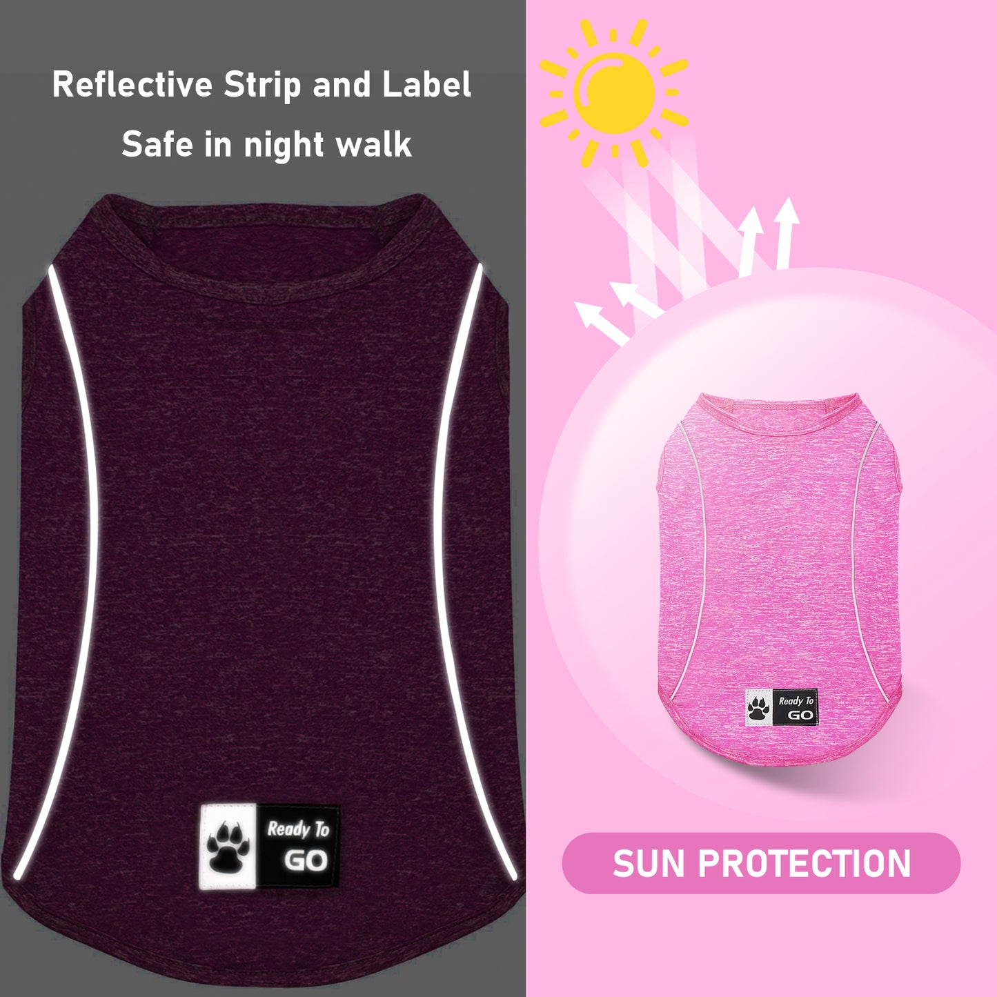 Dark heather reflective dog shirt, showing reflective strip along edges and chest label