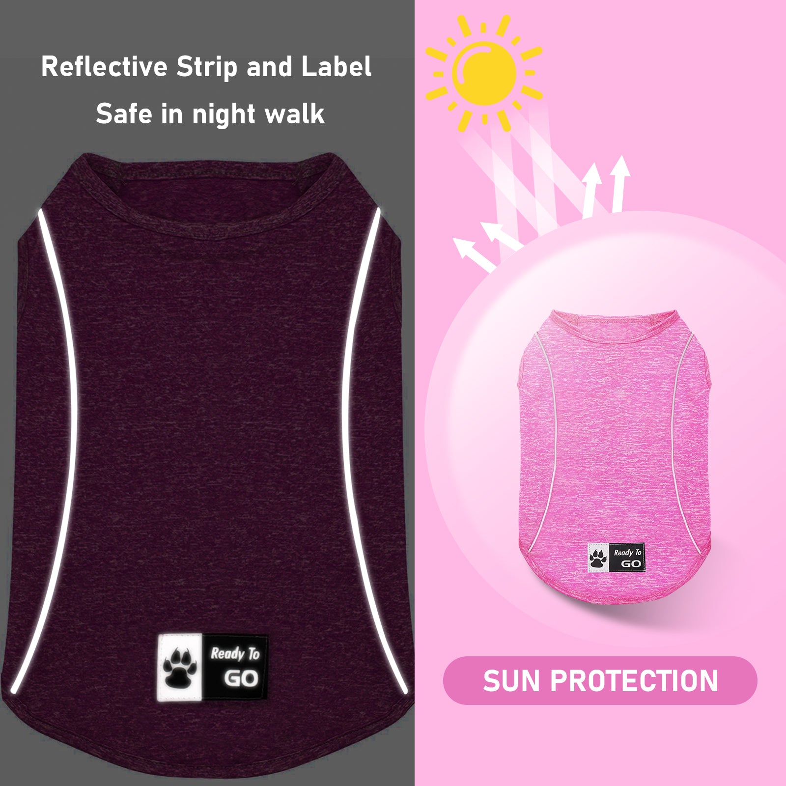 Dark heather reflective dog shirt, showing reflective strip along edges and chest label