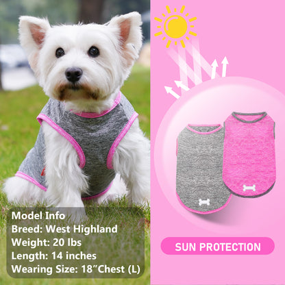 Dog in heather gray sleeveless shirt with pink trim and reflective bone