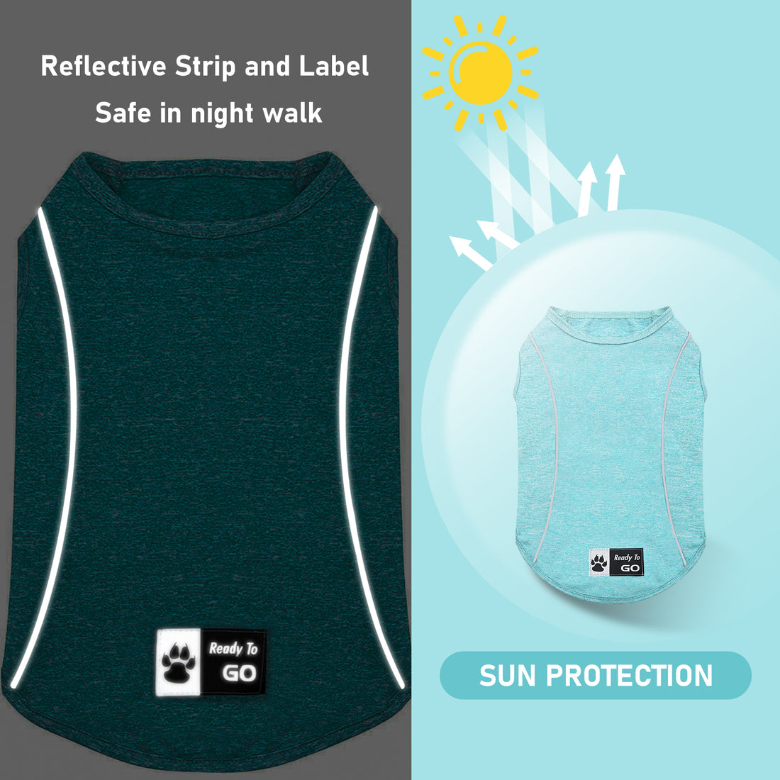 Dark charcoal reflective sleeveless dog shirt with reflective strip and paw-logo patch
