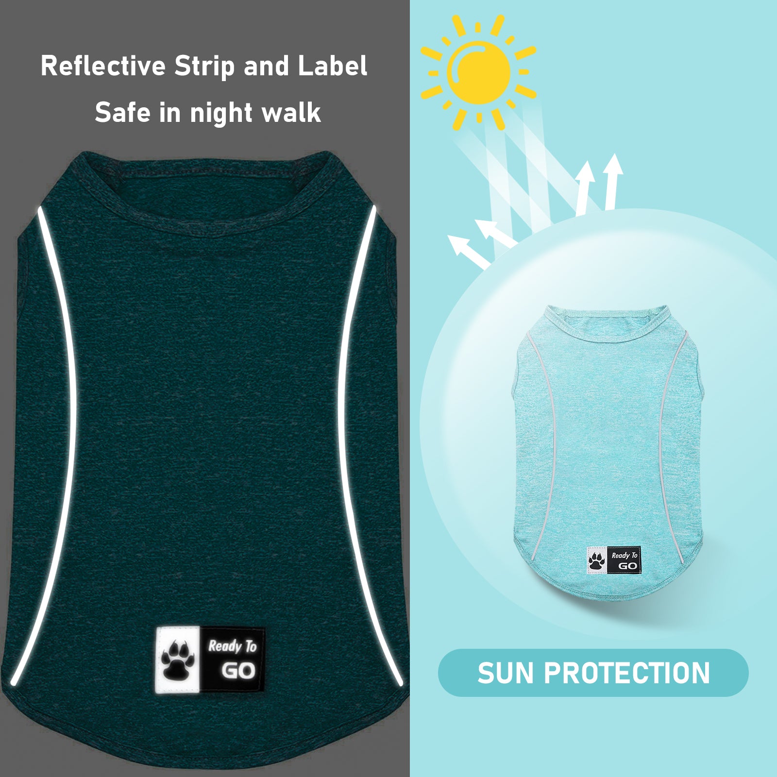 Dark charcoal reflective sleeveless dog shirt with reflective strip and paw-logo patch