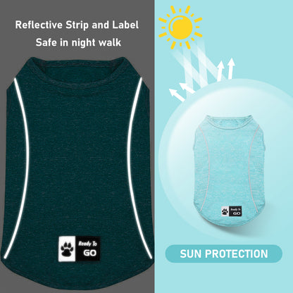 Dark charcoal reflective sleeveless dog shirt with reflective strip and paw-logo patch