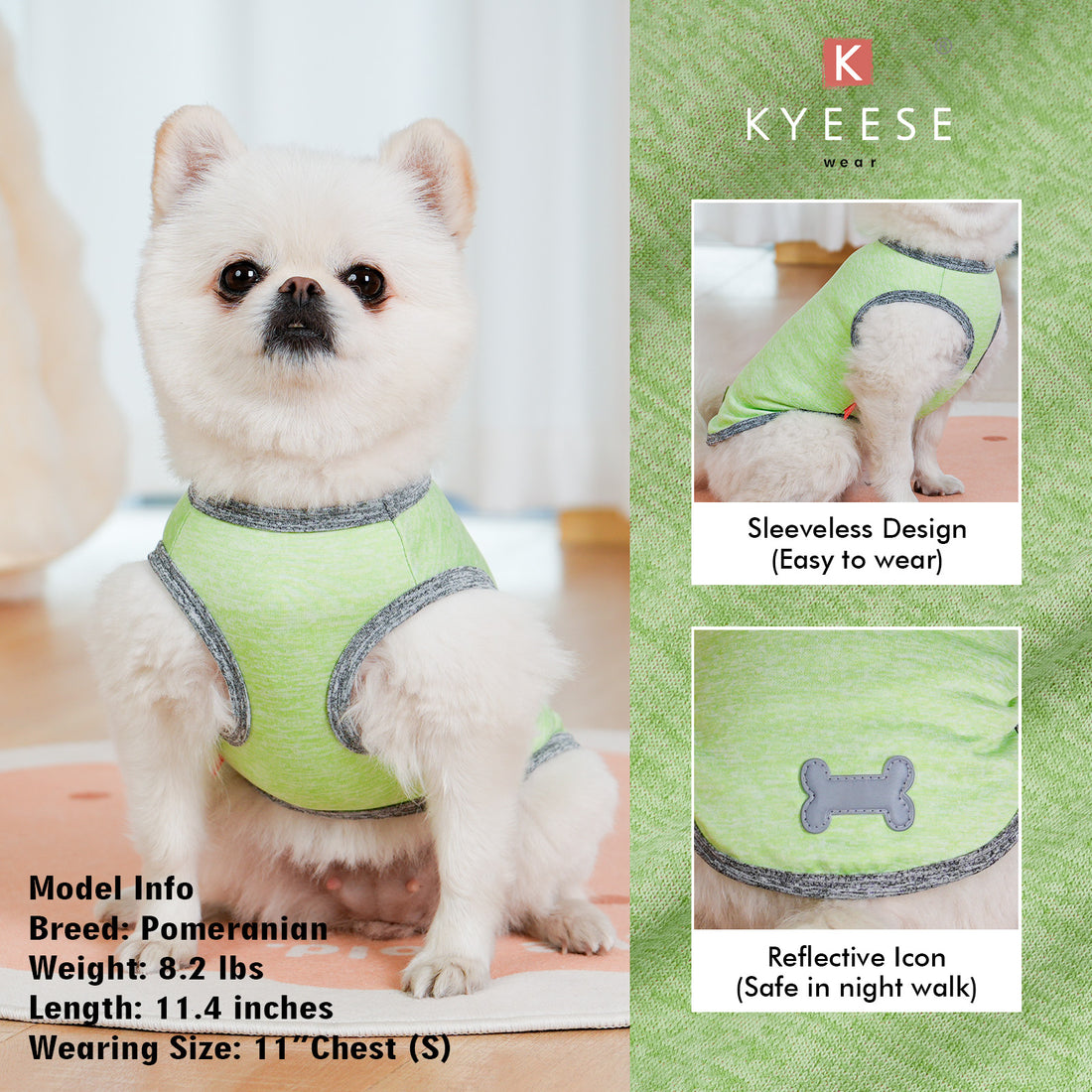 Lime green sleeveless dog shirt with dark trim and reflective bone emblem
