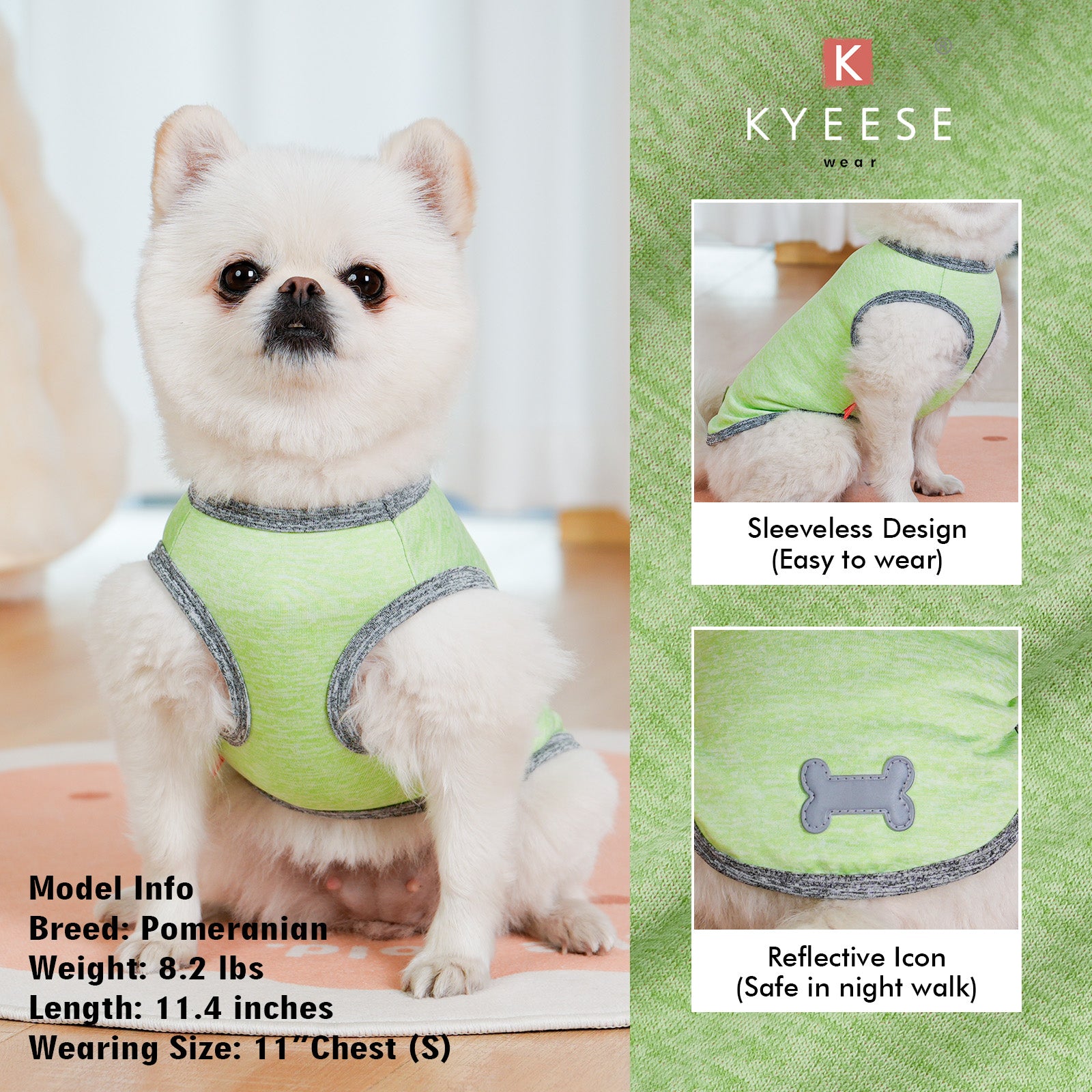 Lime green sleeveless dog shirt with dark trim and reflective bone emblem