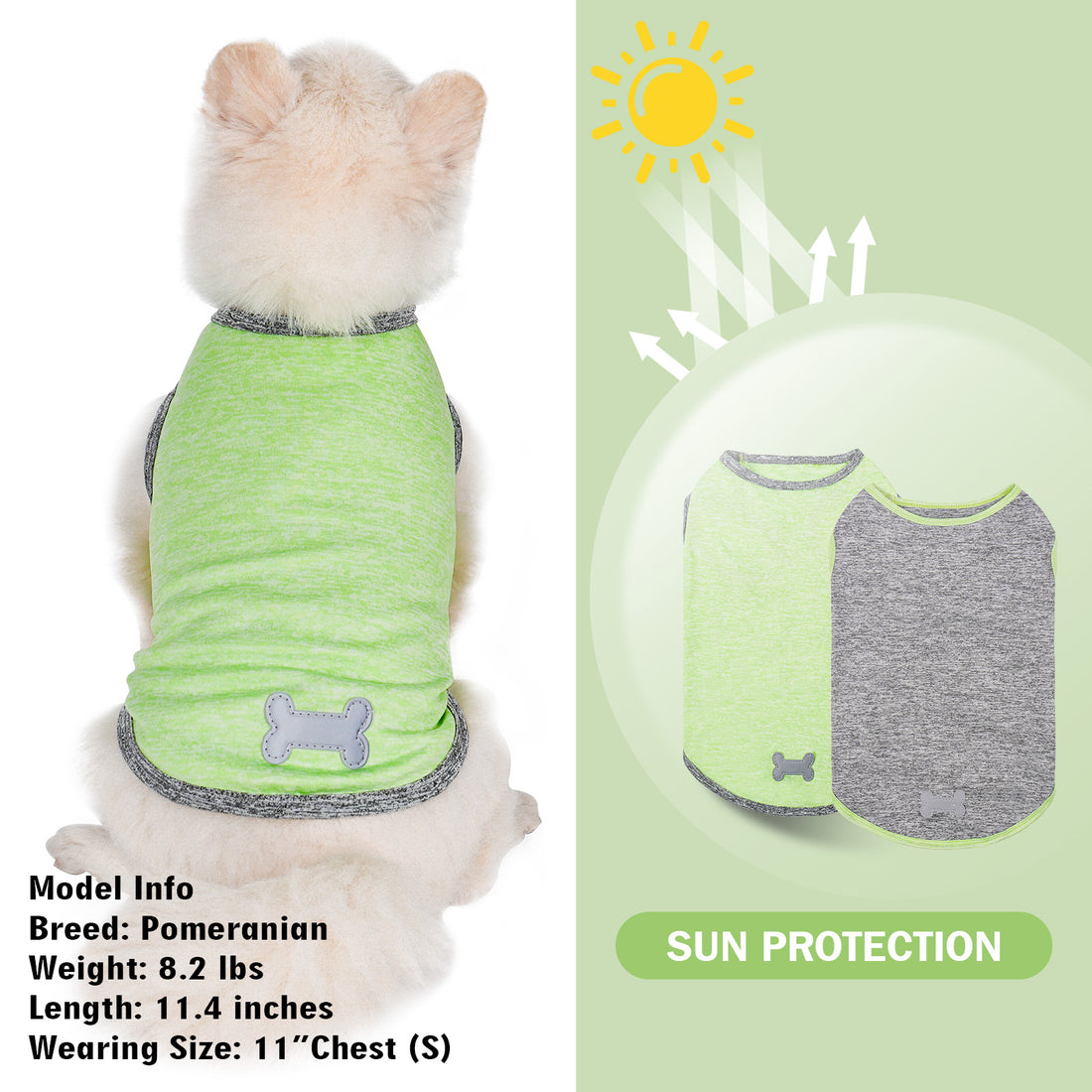Dog sleeveless shirt set, green and dark gray with bone patch at hem