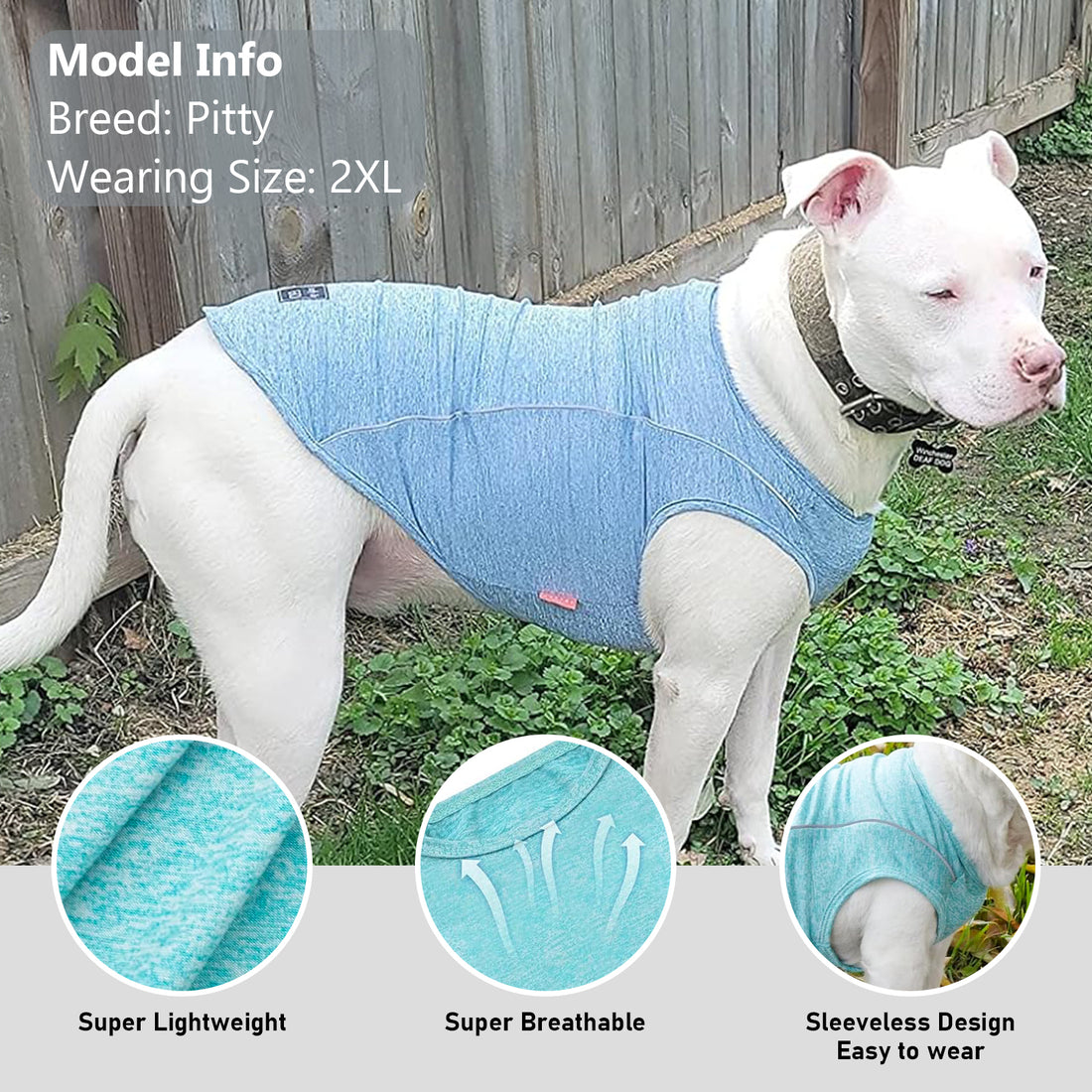 Light blue reflective dog shirt with sleeveless breathable design and logo patch