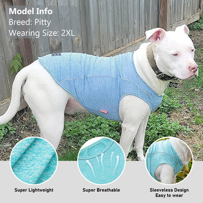 Light blue reflective dog shirt with sleeveless breathable design and logo patch