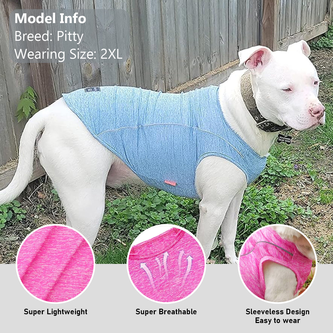 Blue sleeveless dog shirt with crew neck and "Ready To Go" paw logo badge