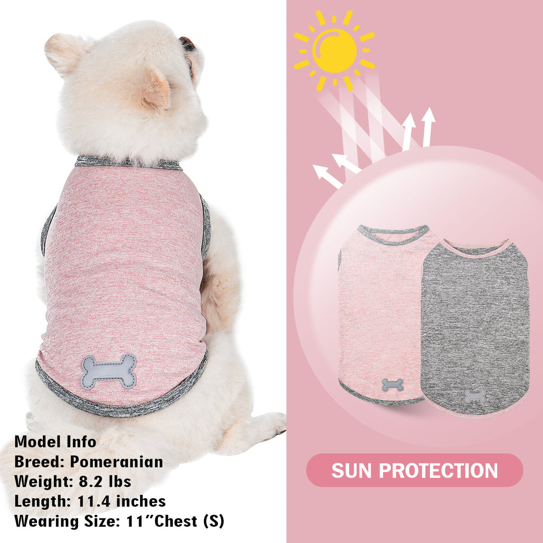 Dog sleeveless shirt, heather pink with dark trim and bone patch at hem