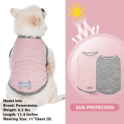 Dog sleeveless shirt, heather pink with dark trim and bone patch at hem