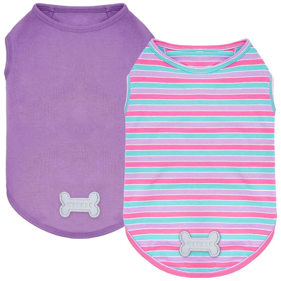 Two-piece dog shirt set: solid purple and purple striped sleeveless shirts