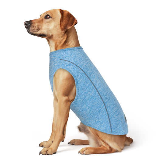 Lightweight reflective dog shirt in blue heather, short-sleeve pullover style