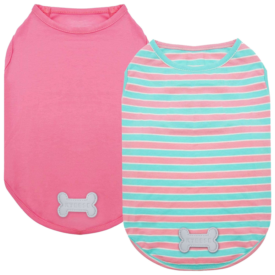 Pink solid and turquoise striped sleeveless dog shirts with gray bone patch, 2-pack
