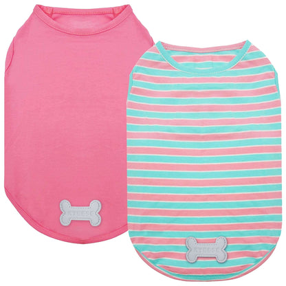 Pink solid and turquoise striped sleeveless dog shirts with gray bone patch, 2-pack