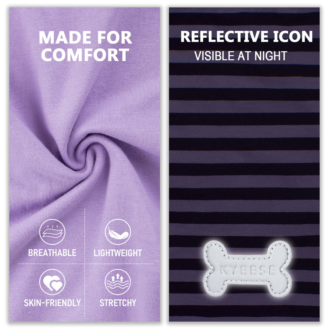 Purple sleeveless dog shirt fabric and striped panel with reflective bone patch