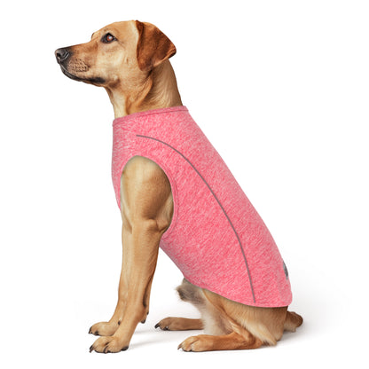 Pink heather reflective dog shirt, sleeveless with curved neckline and reflective trim