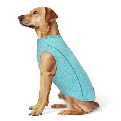 Turquoise reflective sleeveless dog shirt with curved seam lines