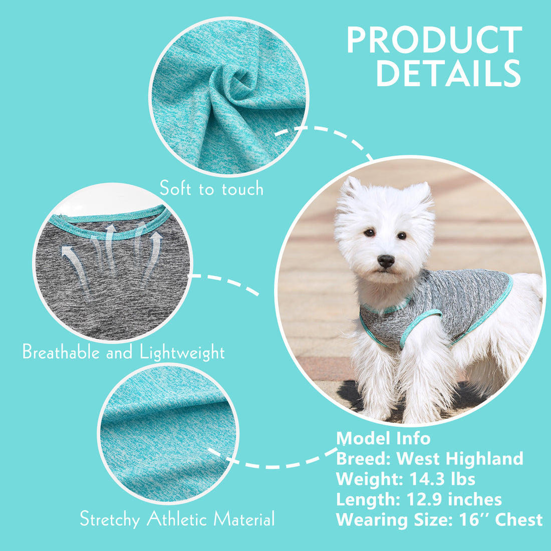 Teal and heather-gray sleeveless dog shirt close-up pair, bone emblem