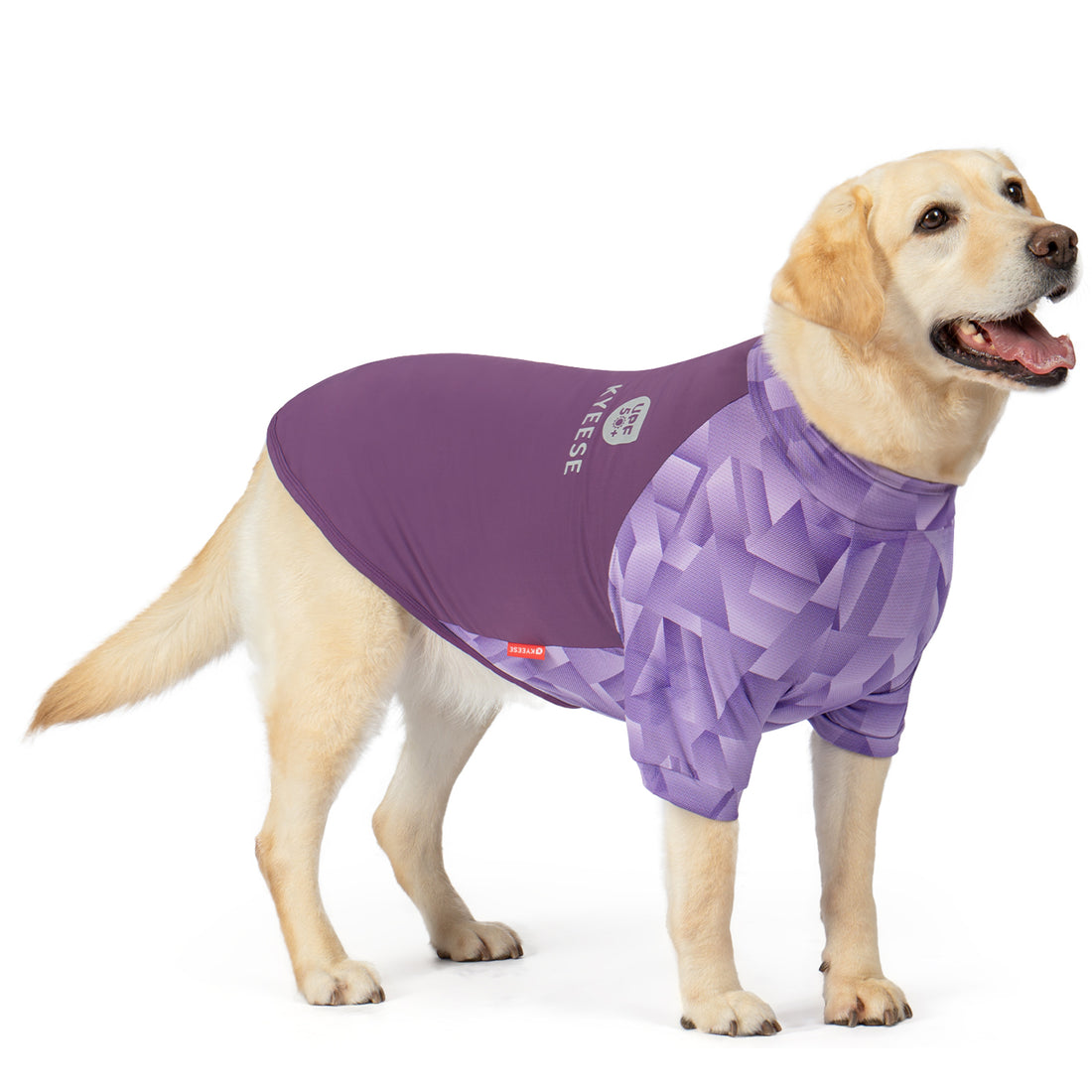 Purple UV-protective dog shirt with geometric quilted pattern and short sleeves