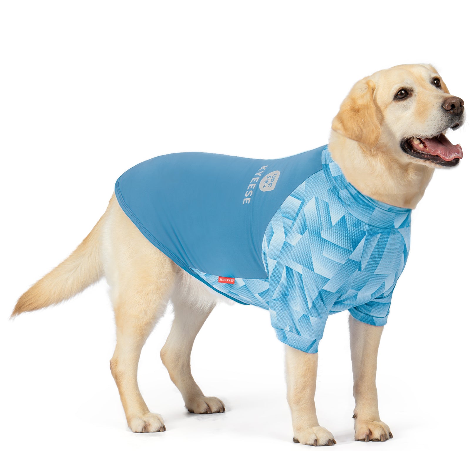 Blue UV dog shirt with geometric pattern and sleeveless fit