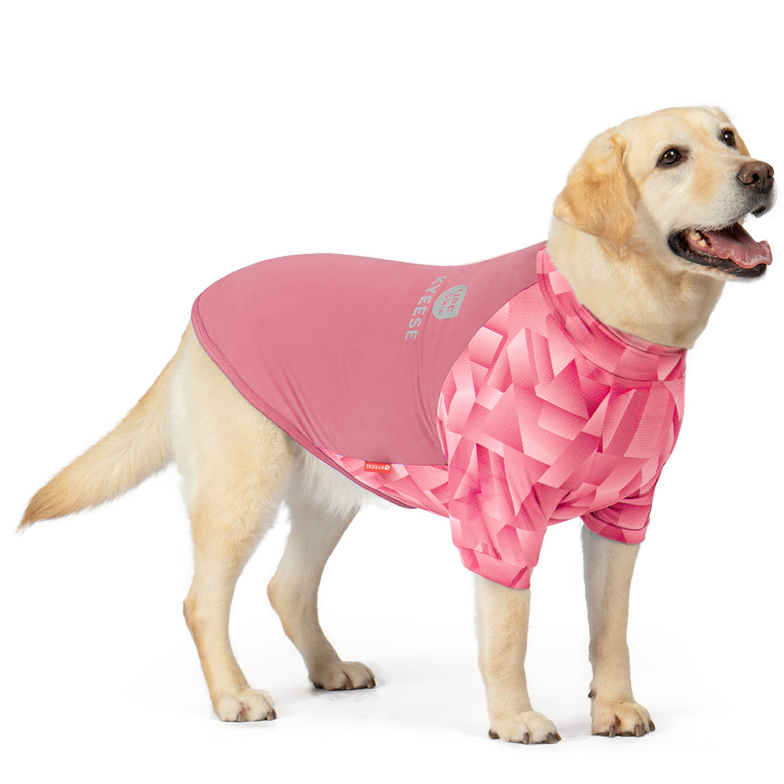 Pink UV dog shirt with geometric pattern and sleeveless fit on tan dog