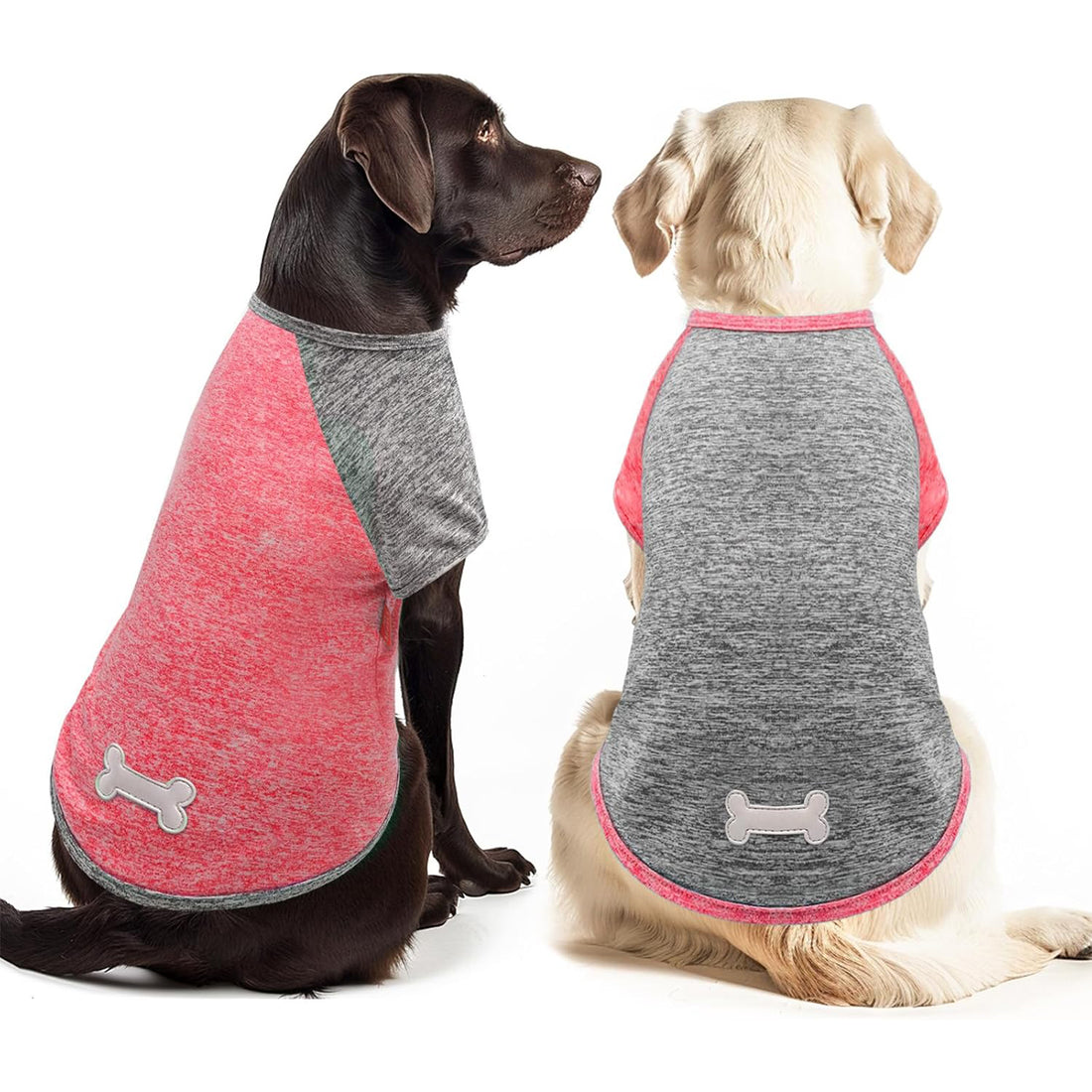 Two lightweight dog shirts on dogs: red and heather gray with bone logo patches.