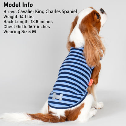 Blue striped sleeveless lightweight dog shirt with dog-bone patch detail