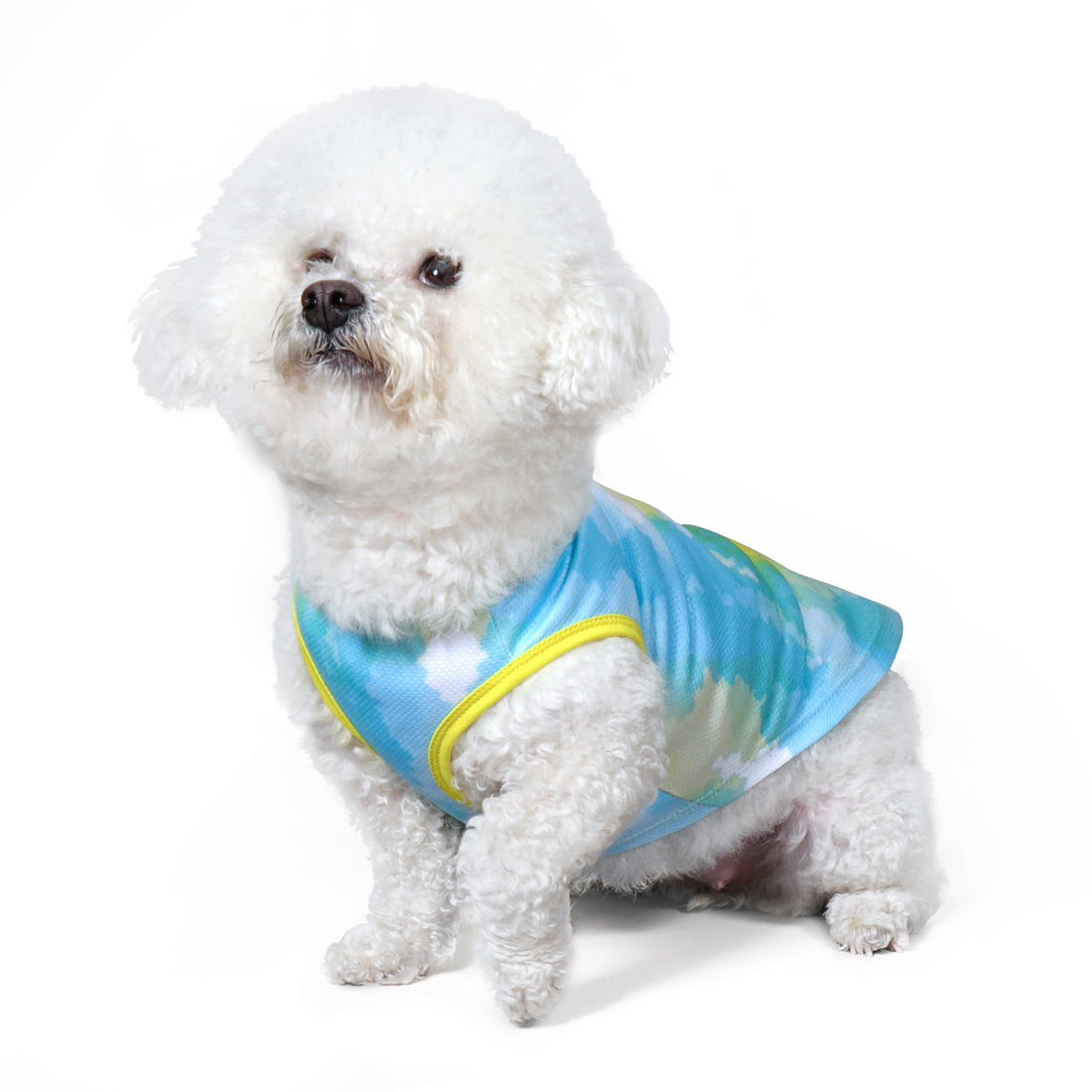 Light blue dog cooling shirt with yellow trim and subtle wave pattern