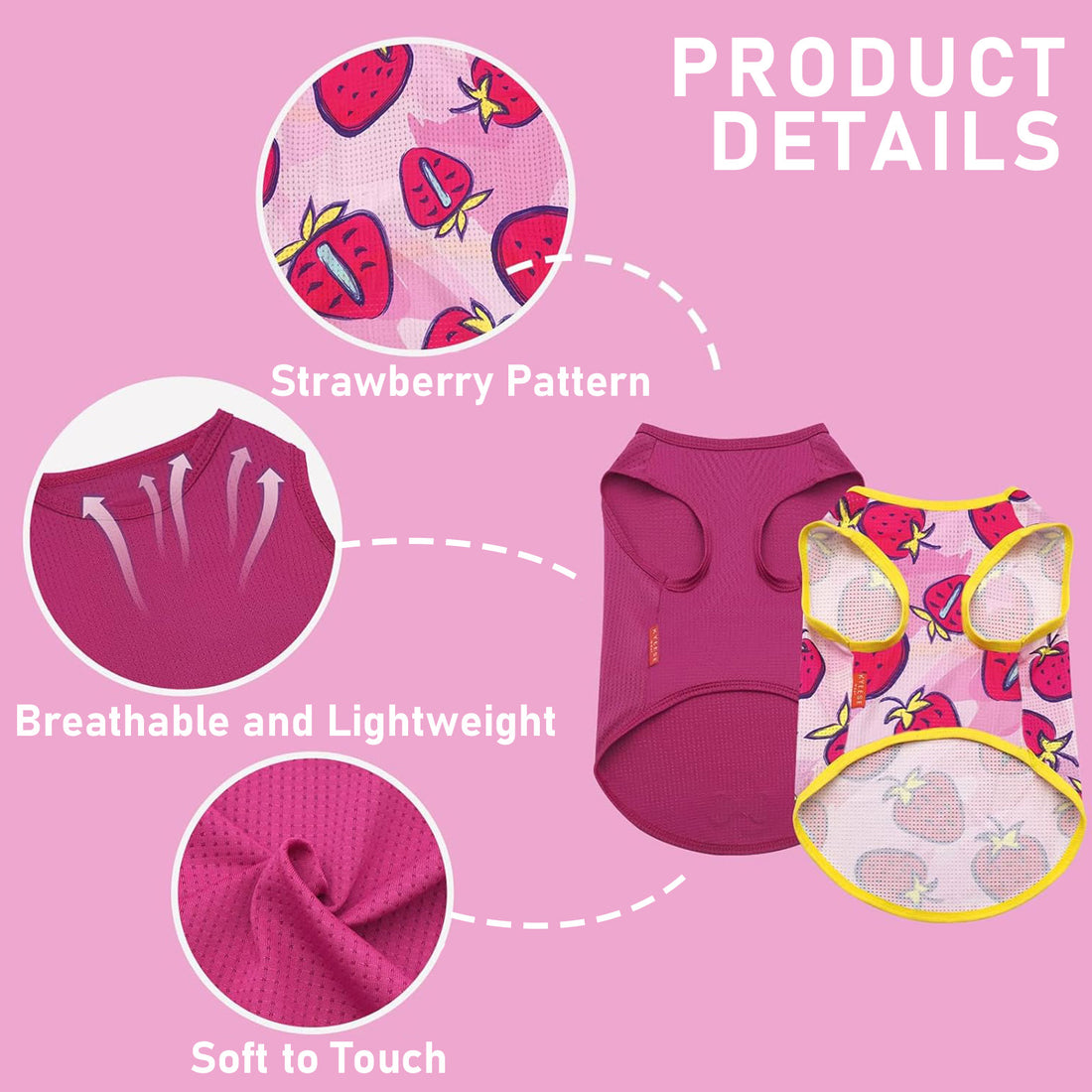 Strawberry-pattern breathable dog shirt in light pink with yellow trim and round neck