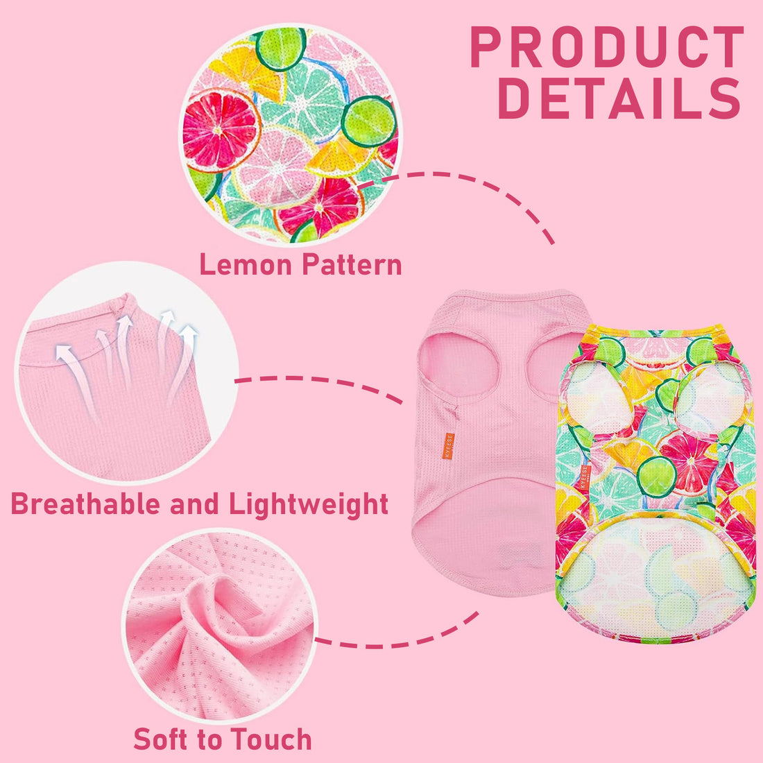 Light pink lemon-pattern breathable dog shirt with soft mesh fabric and round neck
