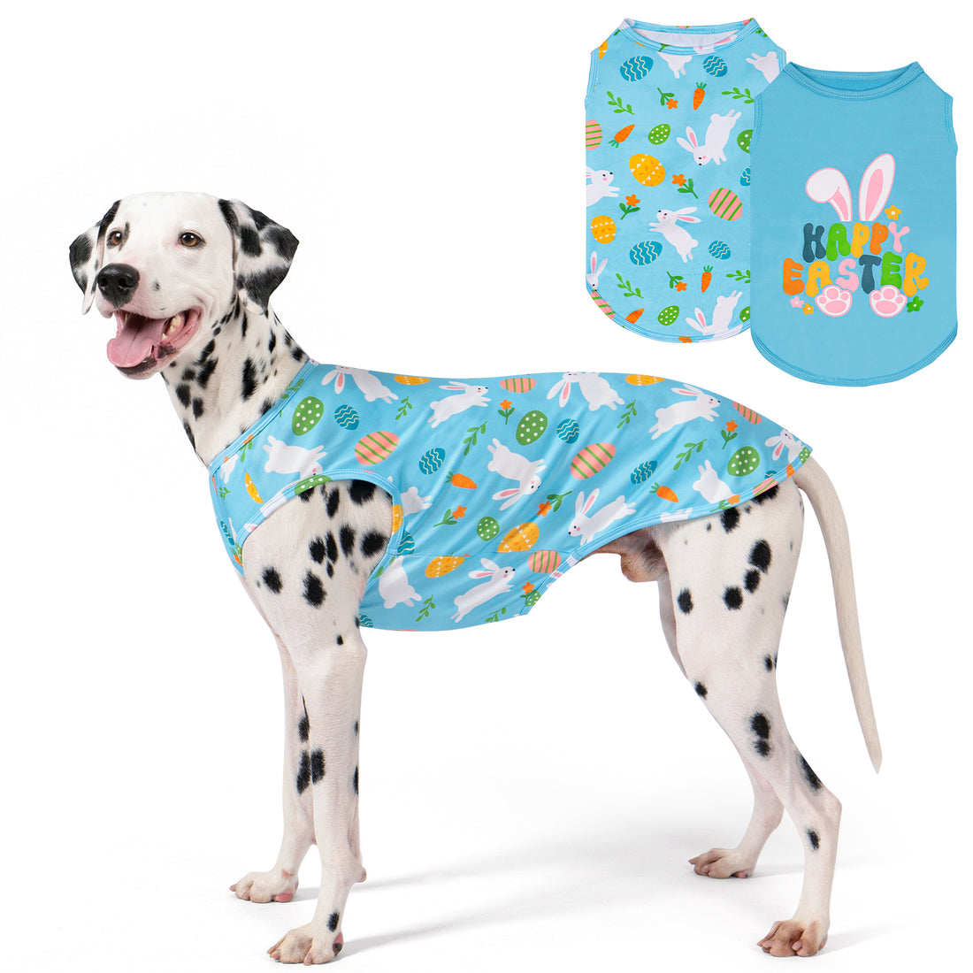 Sleeveless Easter dog shirt in light blue with bunny and egg print, plus matching shirt.
