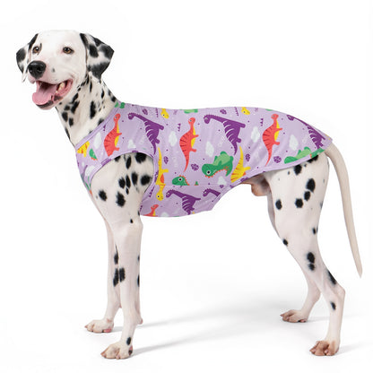Purple mesh dinosaur dog shirt with colorful print and front arm openings
