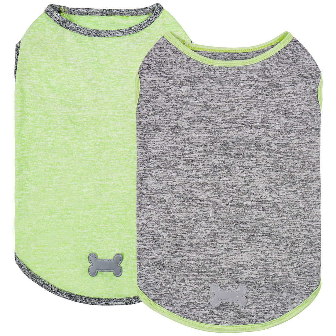 Two sleeveless dog shirts: lime green and heather gray with neon trim