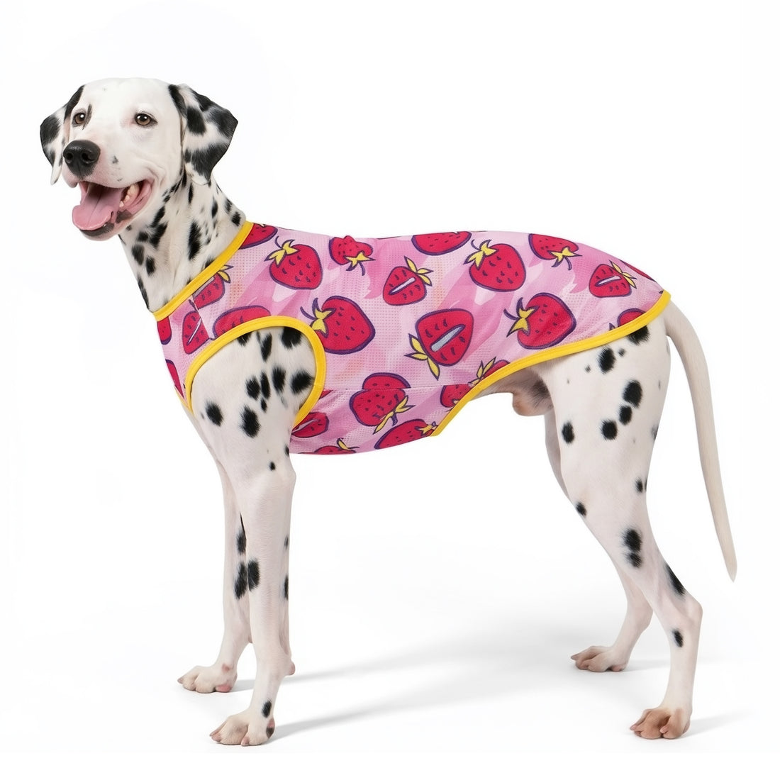 Strawberry-print dog shirt in pink with yellow trim, breathable mesh