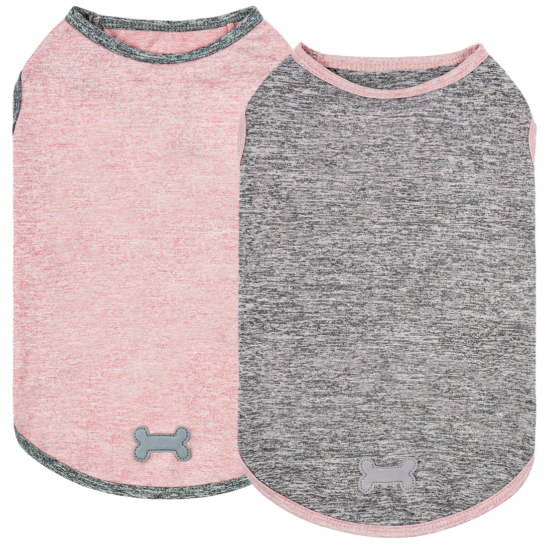 Dog sleeveless shirt set, heather pink and charcoal gray with bone icons
