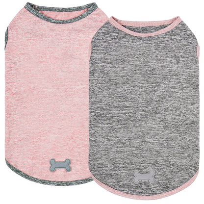 Dog sleeveless shirt set, heather pink and charcoal gray with bone icons