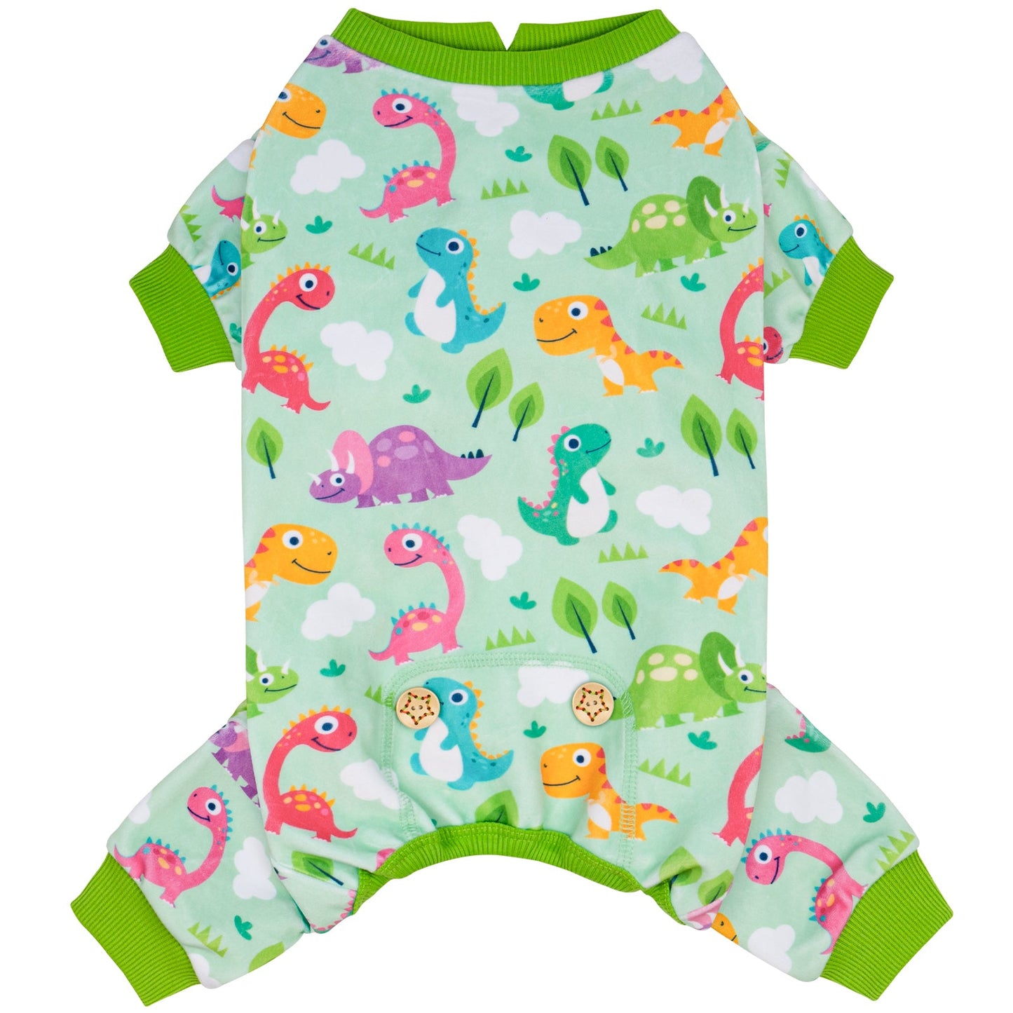 Dinosaur-pattern dog onesie pajamas in light aqua with green ribbed neck and cuffs