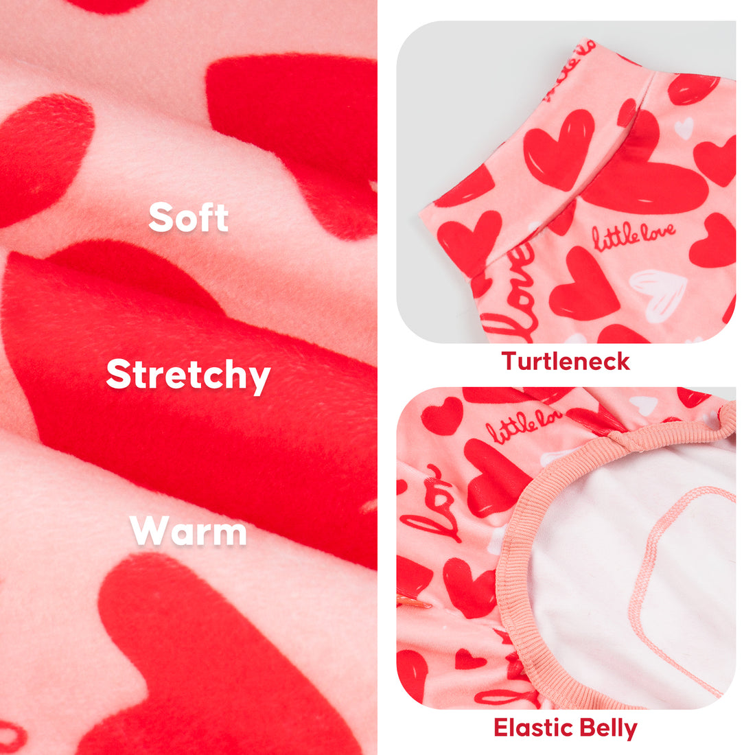 Heart dog onesie pajama: soft, stretchy, warm; turtleneck and elastic belly
