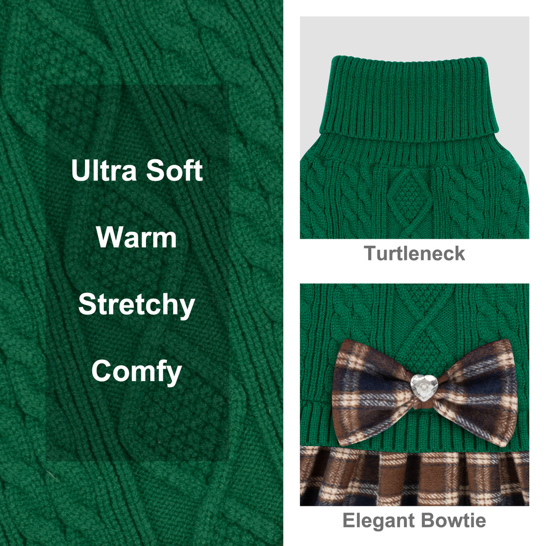 Green cable knit dog sweater with turtleneck and plaid ruffle hem, bow detail