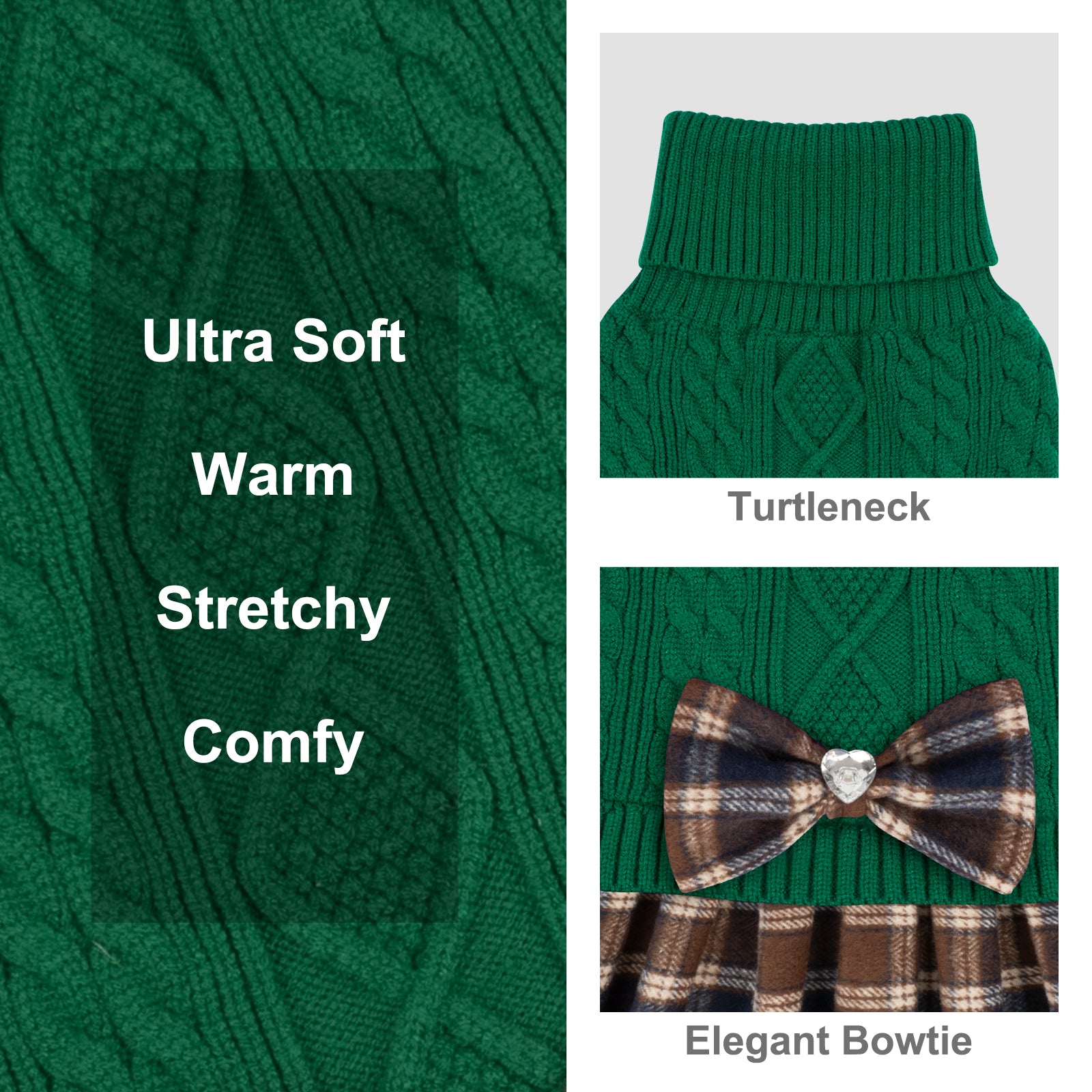 Green cable knit dog sweater with turtleneck and plaid ruffle hem, bow detail