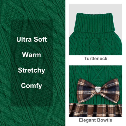 Green cable knit dog sweater with turtleneck and plaid ruffle hem, bow detail