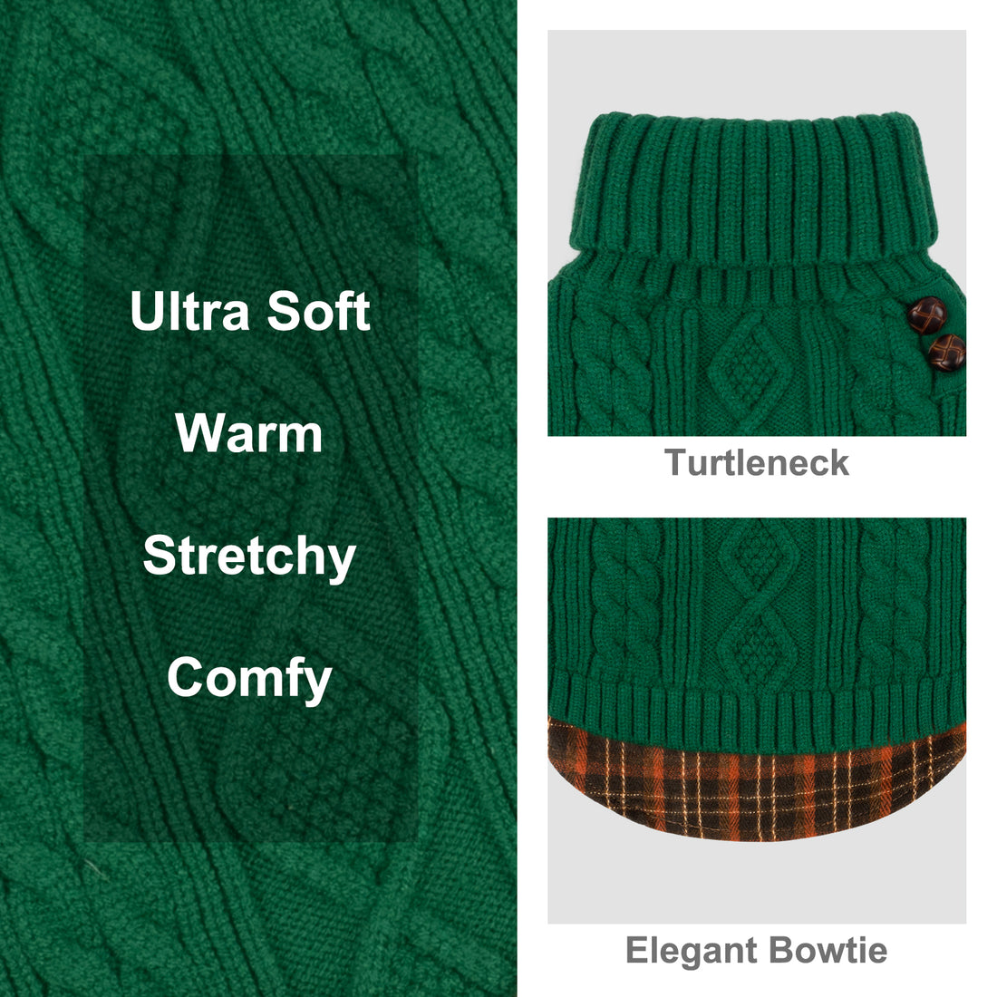 Green cable-knit turtleneck dog sweater with textured diamond and cable pattern